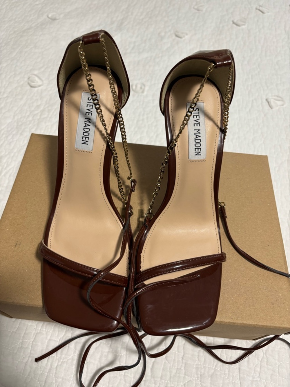 Steve Madden Brown Patent Square-Toe Chain Ankle-Tie Heels new in a box